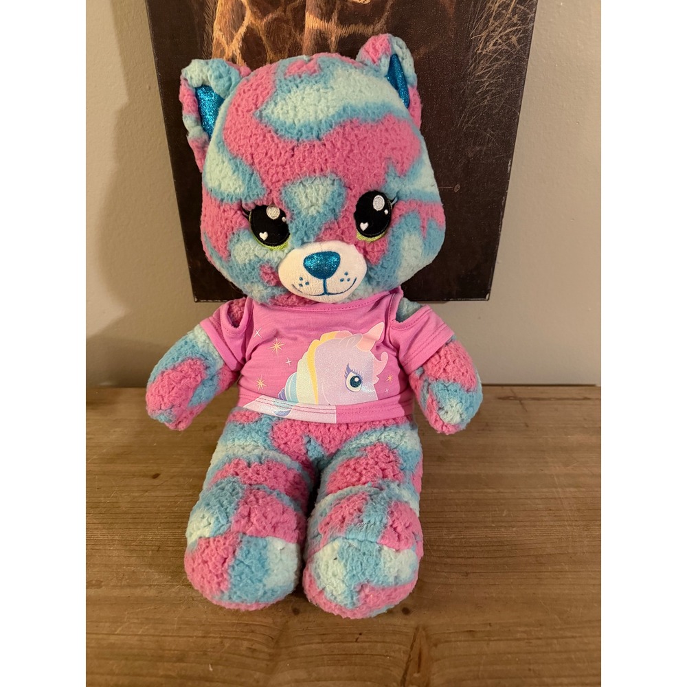 Build-A-Bear Workshop Pink‎ Blue Tie Dye Cat Plush with Unicorn Shirt Glitter